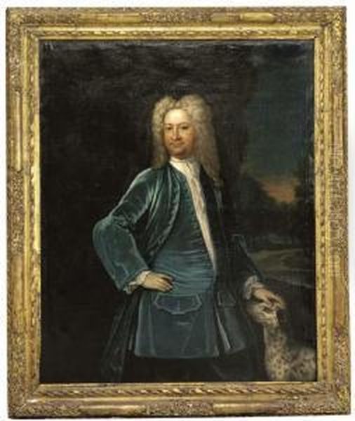 Portrait Of Ezekiel Wallis, 
Three-quarter-length, In A Blue Coatand Waistcoat, A Dog By His Side - view 1