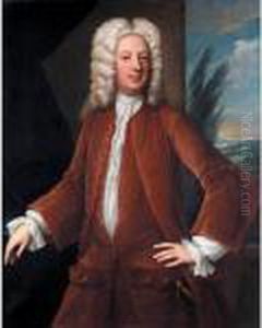 Portrait Of Richard Marriott Of
Alscot Park, Gloucestershire (d.1744), Three-quarter Length Standing,
Wearing A Brown Coat, A Sword At His Side Portrait Of Richard Marriott Of
Alscot Park, Gloucestershire (d.1744), Three-quarter Length Standing,
Wearing A Brown Coat, A Sword At His Side