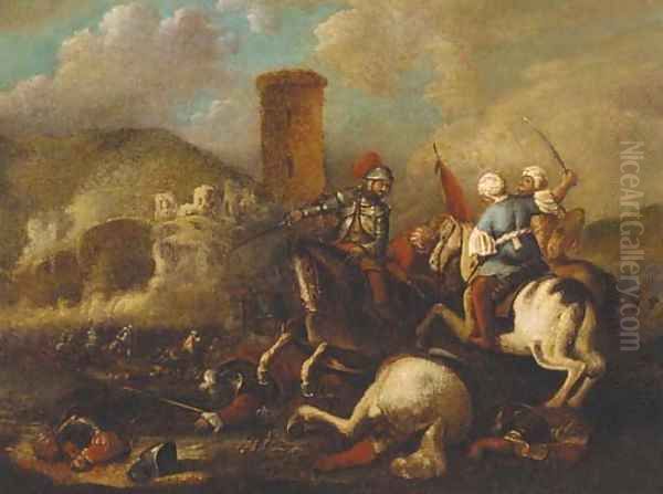 A cavalry battle between Christians and Turks near a fort - view 1