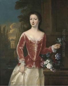 Portrait Of A Lady, 
Three-quarter-length, In A Pink Bodice Andoyster Satin Skirt, Holding A 
Sprig Of Orange Blossom In Her Lefthand, A Basket Of Flowers On A Ledge 
Beside Her, An Italianategarden With A Fountain And A Classical Building
 Beyond