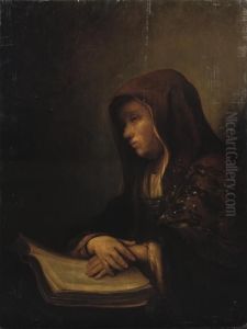 An Old Woman Seated At A Table With Her Hands Resting On An Open Book by Pieter Harmensz Verelst