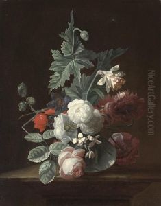 Roses, An Anemone, Jasmine, Poppies And A Narcissus In A Glass Vase On A Stone Ledge by Pieter Harmensz Verelst
