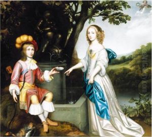 Portrait Of A Young Man Offering
A Drink To A Young Lady Standing By A Fountain, A Landscape Beyond by Pieter Harmensz Verelst