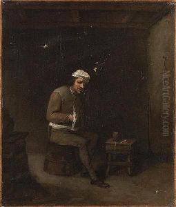 A Peasant Seated In An Interior At A Table With A Jug And A Pipe