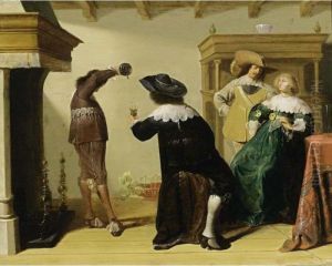 An Elegant Company Drinking Wine In An Interior by Pieter Harmensz Verelst