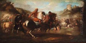 A cavalry skirmish by Aniello Falcone