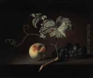 A Peach And Grapes On A Ledge A Peach And Grapes On A Ledge