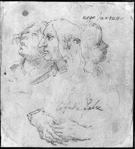 Studies of three heads and two hands