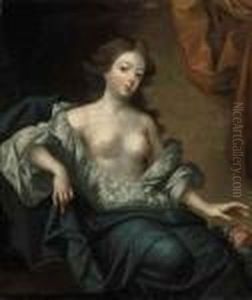 Portrait Of Nell Gwyn 
(1650-1687), Actress And Mistress Of Kingcharles Ii Of England, 
Three-quarter-length, Seated, In A Whitechemise And A Blue Mantle, With A
 Flowermantle, With A Flower