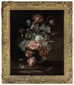 Roses, Parrot Tulips And Other Flowers In A Glass Jar On A Ledge With Butterflies by Simon Pietersz. Verelst