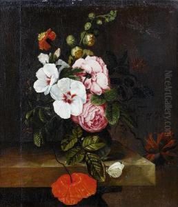 Roses, Tulips And Other Flowers 
In A Glassvase On A Table Top, With A Butterfly And A Dragonfly