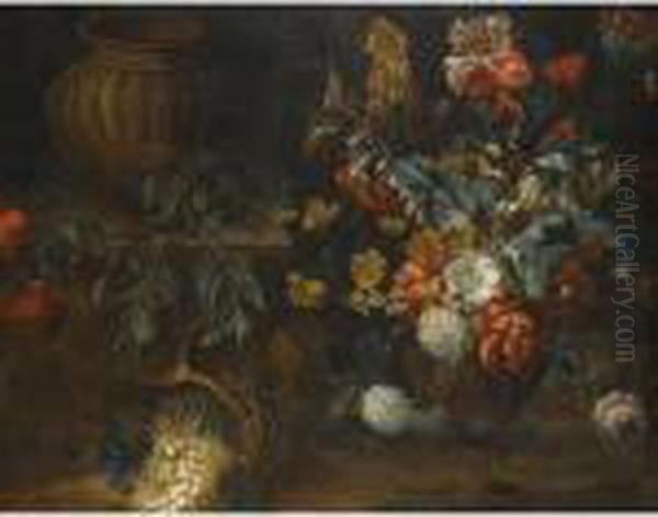 Still Life With A Large Vase Of
Flowers, An Empty Urn On A Stoneplinth And A Basket Of Flowers - view 1
