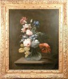 A Still Life Of Flowers In A Glass Vase On A Stone Pedestal