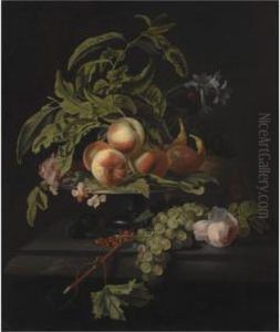Still Life With Peaches And Figs
 On A Pewter Platter, Grapes And A Rose On The Marble Ledge Beneath