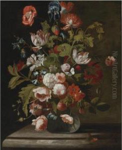 Still Life Of Roses, Tulips, An
Iris And Other Flowers, In A Glassvase, Resting On A Table by Simon Pietersz. Verelst