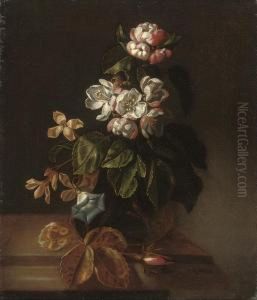 Blossom, Convolvulus And Other Flowers In A Glass Vase On A Woodenledge Blossom, Convolvulus And Other Flowers In A Glass Vase On A Woodenledge