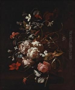 Roses, Tulips, Carnations, A Butterfly Andother Flowers In A Vase On A Table Roses, Tulips, Carnations, A Butterfly Andother Flowers In A Vase On A Table