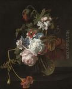 Roses, Chrysanthemums, Morning Glory And Other Flowers In A Glassvase With A Butterfly by Simon Pietersz. Verelst