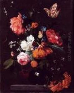 Vase De Roses, Tulipes Et Autres Fleurs Sur Un Entablement by Simon Pietersz. Verelst