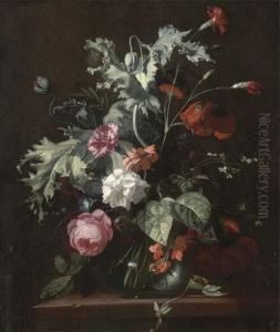 Roses, Morning Glory And Other Flowers In A Glass Vase On A Woodedledge by Simon Pietersz. Verelst