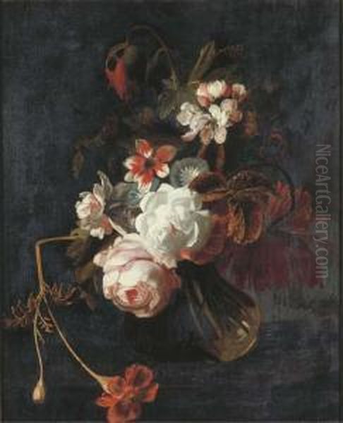 Roses, Poppies, Chrysanthamums,
Apple Blossom, And Other Summerflowers In A Glass Vase With A Butterfly - view 1