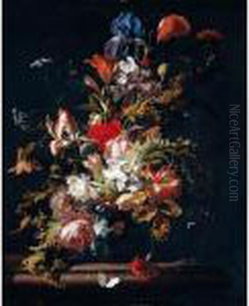 A Still Life Of Blooms Of Lily,
Rose, Poppy, Peony, Iris, Narcissus, Carnation, Convolvulus And Other
Flowers, With Sprays Of Cow Parsley, In A Chinese Porcelain Vase On A
Marble Ledge - view 1
