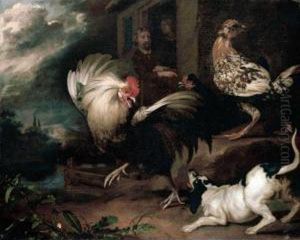 A Cock Baiting Scene Outside A Cottage