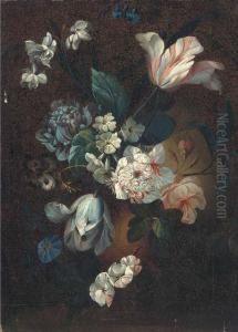 Parrot Tulips, Chrysanthemums, Morning Glory And Other Mixedflowers In An Urn by Simon Pietersz. Verelst
