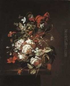 Jasmine, Roses, Poppies And Other Flowers And A Butterfly In Aglass Vase On A Ledge