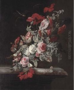 Roses, A Parrot Tulip, Poppies,
Carnations And Other Flowers In Anurn With A Dragonfly, Butterflies And A
Snail On A Marbleledge by Simon Pietersz. Verelst