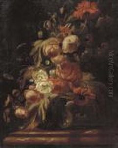 Roses, Carnations, Peonies And Other Flowers In A Vase On A Marbletabletop Roses, Carnations, Peonies And Other Flowers In A Vase On A Marbletabletop