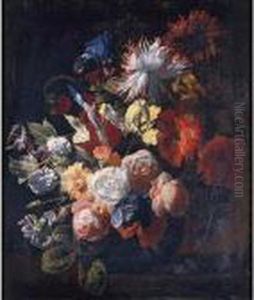 Still Life Of Irises, Poppies, 
Roses, Tulips, Peonies, Snowballs And Other Flowers In A Vase On A Stone
 Ledge by Simon Pietersz. Verelst