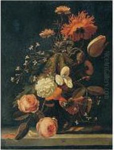 Still Life With Roses, Tulips,
Carnations, And Other Flowers In A Glass Vase On A Stone Ledge by Simon Pietersz. Verelst