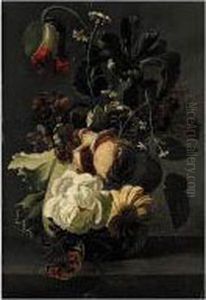 Still Life Of Roses And Other
Flowers In A Glass Vase, Together With A Butterfly, Upon A Stone Ledge by Simon Pietersz. Verelst