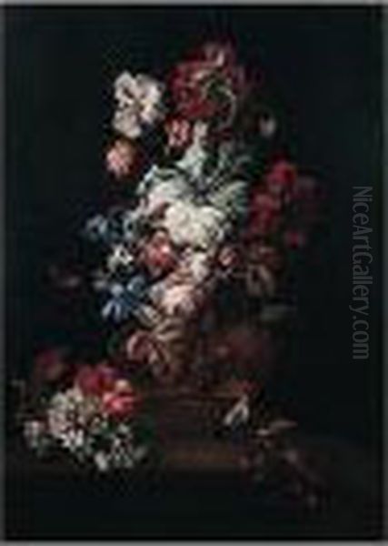 A Still Life Of Roses,
Carnations, Chrysanthemums And Poppies In A Stone Urn, With Grapes,
Peaches And Pomegranates, Together With A Goldcrest, Upon A Stone Ledge - view 1