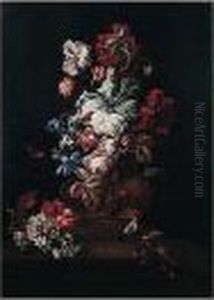 A Still Life Of Roses,
Carnations, Chrysanthemums And Poppies In A Stone Urn, With Grapes,
Peaches And Pomegranates, Together With A Goldcrest, Upon A Stone Ledge by Simon Pietersz. Verelst