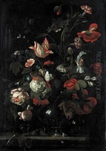 Roses, Tulips, Carnations And Other Flowers In A Glass Vas On A Stone Ledge by Simon Pietersz. Verelst