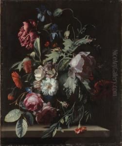 Roses, Irises, Poppies, A 
Paeony, Morning Glory, Carnations And Other Flowers In A Vase, On A 
Stone Table by Simon Pietersz. Verelst