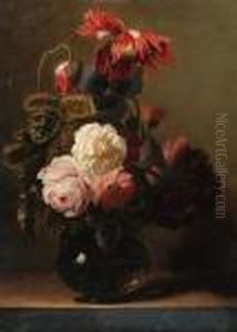 Roses And Peonies In A Glass Vase On A Ledge by Simon Pietersz. Verelst