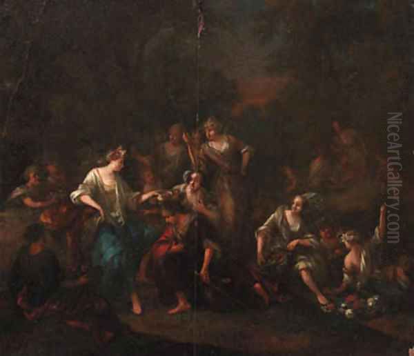 A nymph receiving a floral crown in a forest - view 1