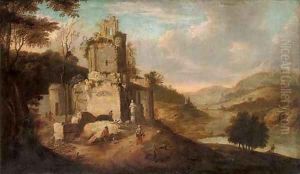 An Italianate landscape with figures by ruins by Franz Ferg