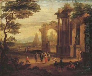 An Italianate landscape with figures strolling and resting by a ruin by Franz Ferg