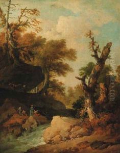 A rocky river landscape with travellers resting on a bank by Franz Ferg