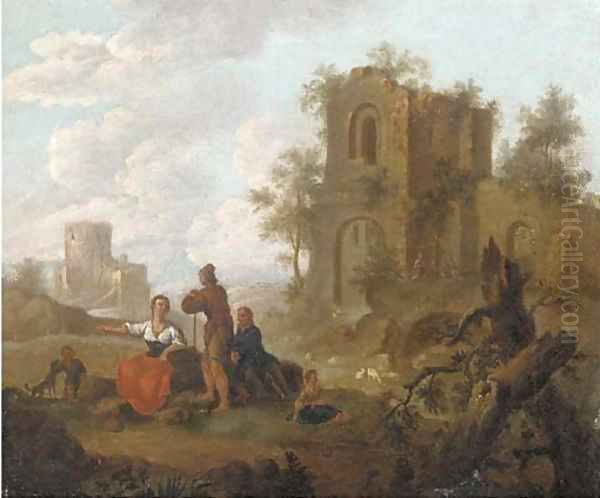 A landscape with figures conversing before ruins; and A river landscape with figures conversing before ruins - view 1