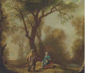 A woodland clearing with travellers on a path by Franz Ferg