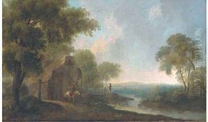 A landscape with travellers on a track by a cottage by Franz Ferg