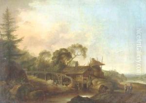 A wooded river landscape with a watermill, figures conversing on a path nearby by Franz Ferg