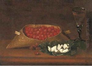 Strawberries and a glass of wine on a wood ledge by Galizia Fede