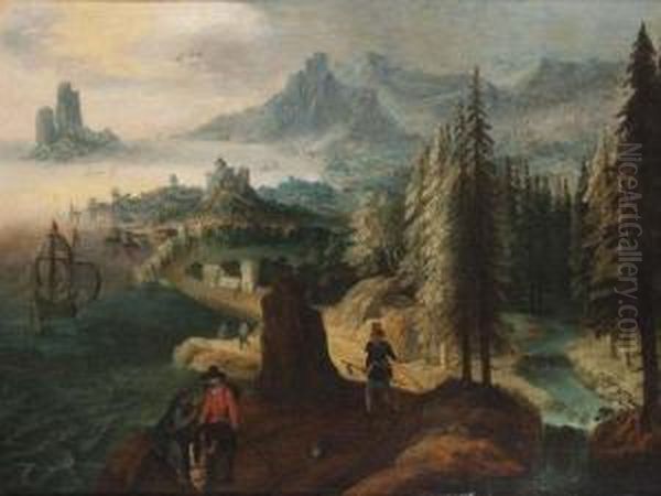 Promeneurs Sur Un Chemin Dominant Un Rivage - view 1