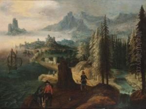 Promeneurs Sur Un Chemin Dominant Un Rivage by Tobias van Haecht (see Verhaecht)